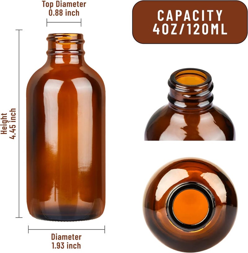 PINIWON 12 Pack 4 oz Amber Glass Bottles, 120ml Boston Round Sample Bottles with Black Poly Cone Caps, Labels, Funnels and Brush - Image 3